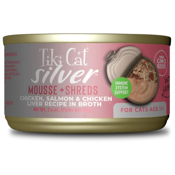 Tiki Cat® Silver™ Mousse & Shreds Chicken, Salmon & Chicken Liver Recipe Wet Cat Food (2.4 oz)